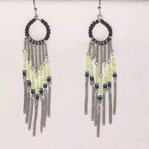 EUC Green Blue Beaded Chain Dangle Earrings